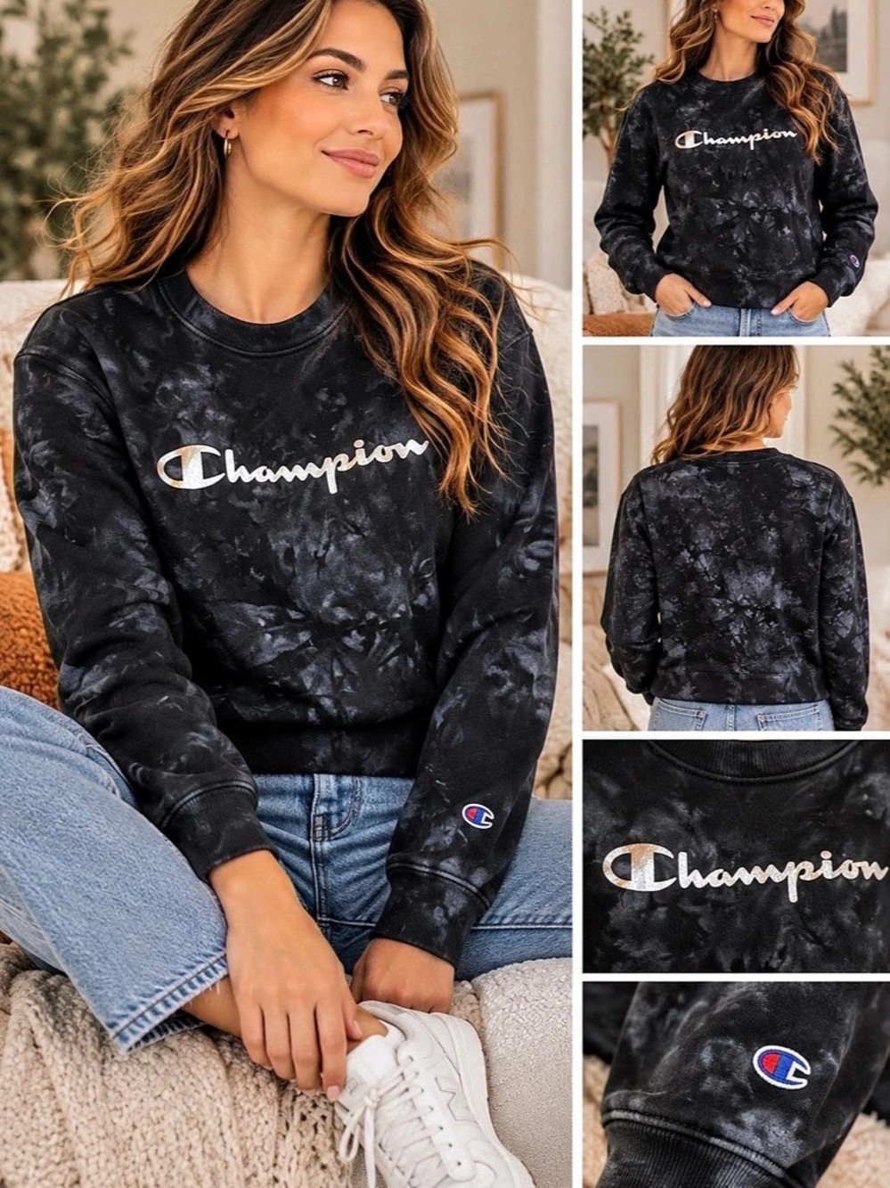 Champion Black Crush Dye Crew Sweatshirt Metallic Logo Womens Large
